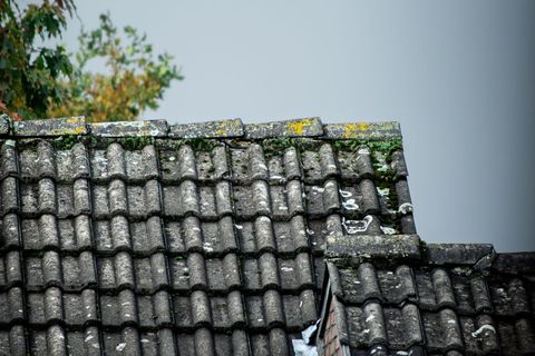 Old tiled roof with moss and a small damaged section against a gray sky