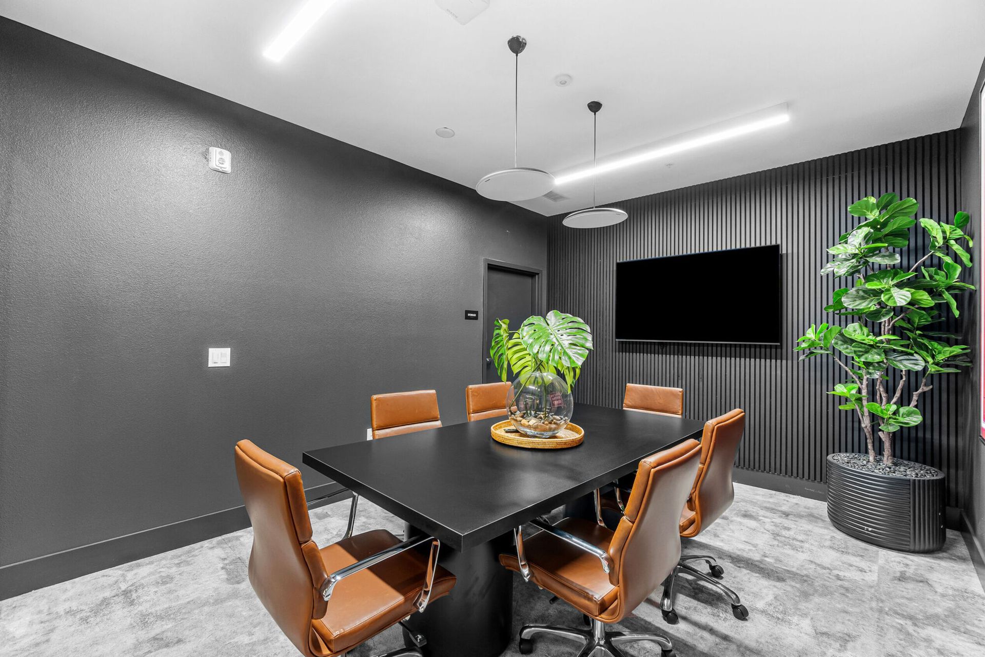 Conference room with black table, brown chairs, TV, and potted plant.