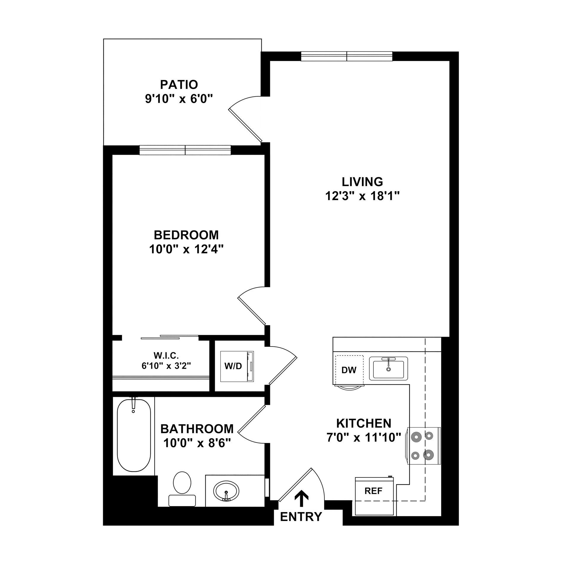 Floor plan of a one-bedroom apartment with patio, kitchen, bathroom, and living area.