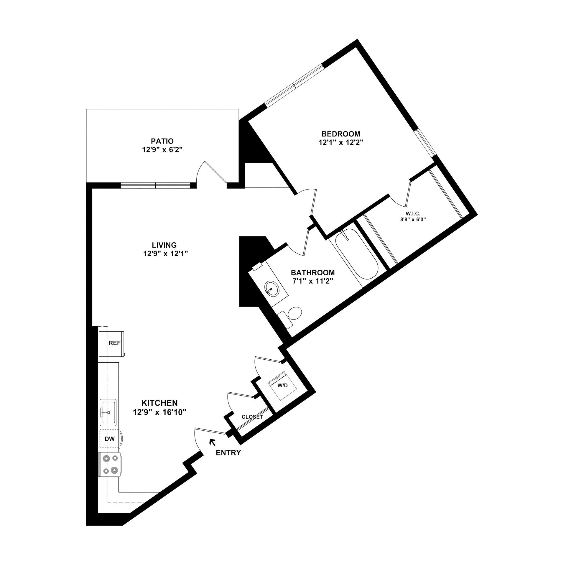 Floor plan of an apartment with a patio, living room, kitchen, bedroom, bathroom, and entry.