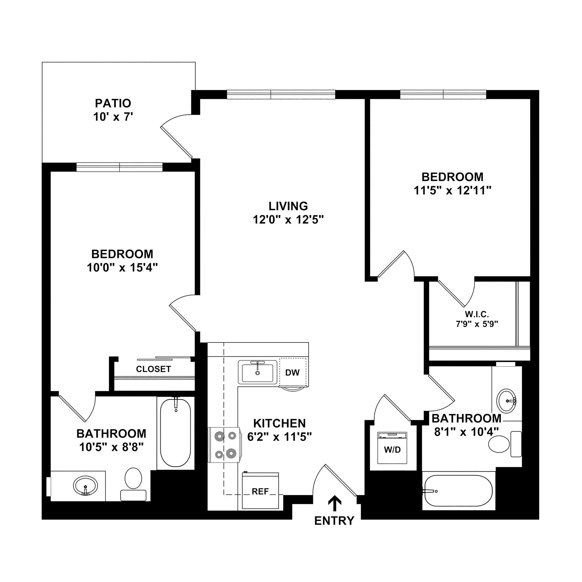 Floor plan of a two-bedroom apartment with a patio, kitchen, living room, and two bathrooms.