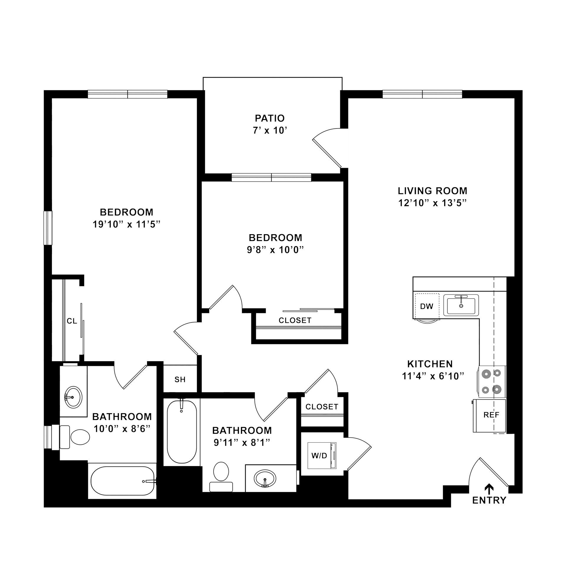 Floor plan of a two-bedroom apartment, labeling rooms and dimensions.