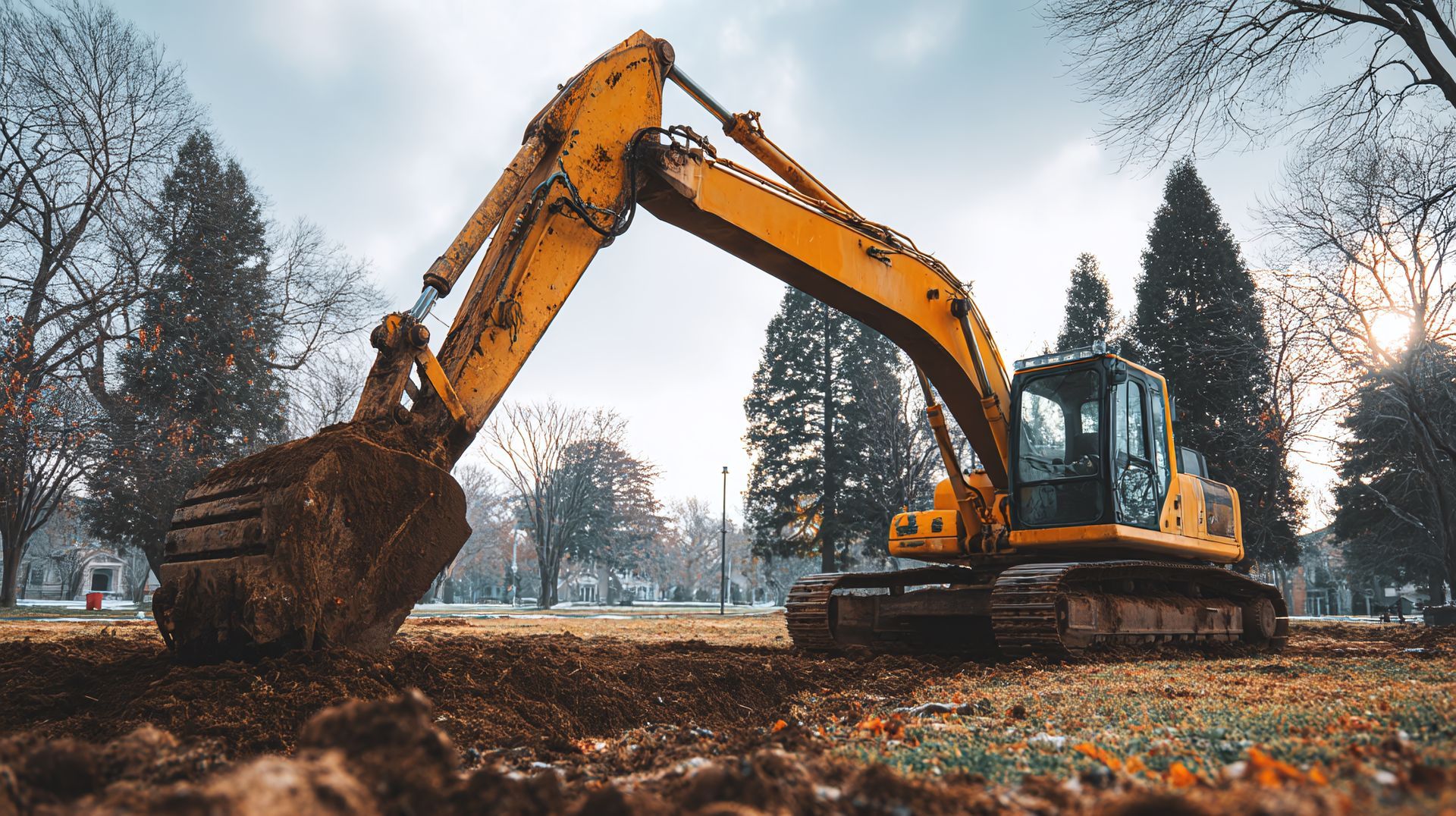 Yellow excavator digging earth in a park on an overcast day.