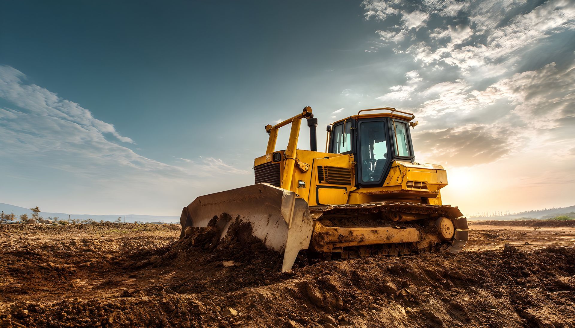 Yellow bulldozer on a construction site, clearing dirt under a cloudy sky. Yellow bulldozer on a construction site, clearing dirt under a cloudy sky.