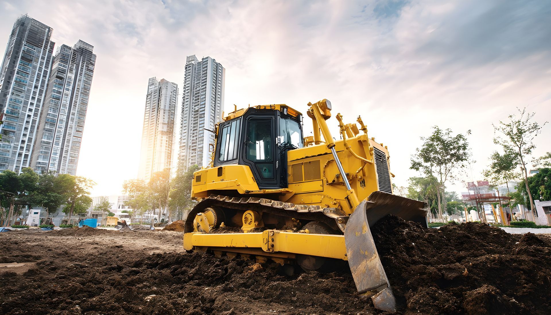 Yellow bulldozer pushing dirt at a construction site, with skyscrapers in the background under a cloudy sky. Yellow bulldozer pushing dirt at a construction site, with skyscrapers in the background under a cloudy sky.