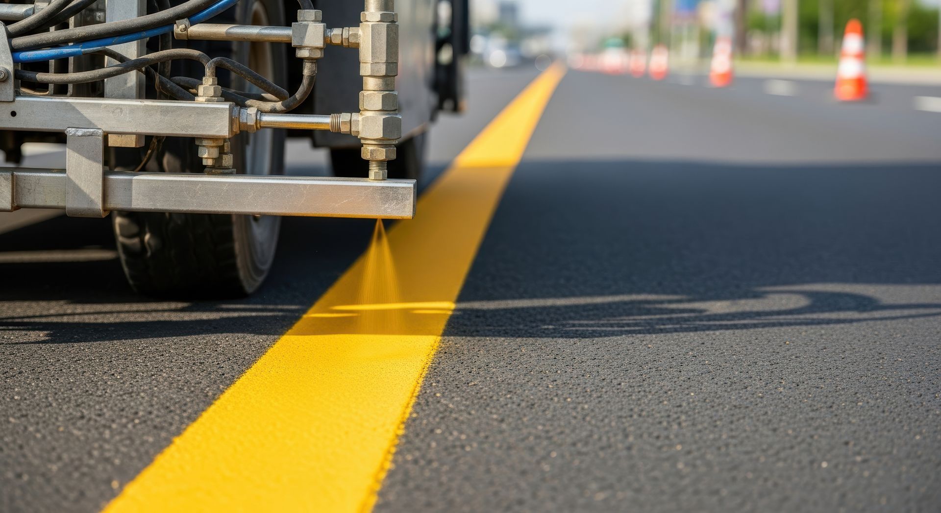Machine painting a bright yellow line on a dark asphalt road, with traffic cones in the background. Machine painting a bright yellow line on a dark asphalt road, with traffic cones in the background.