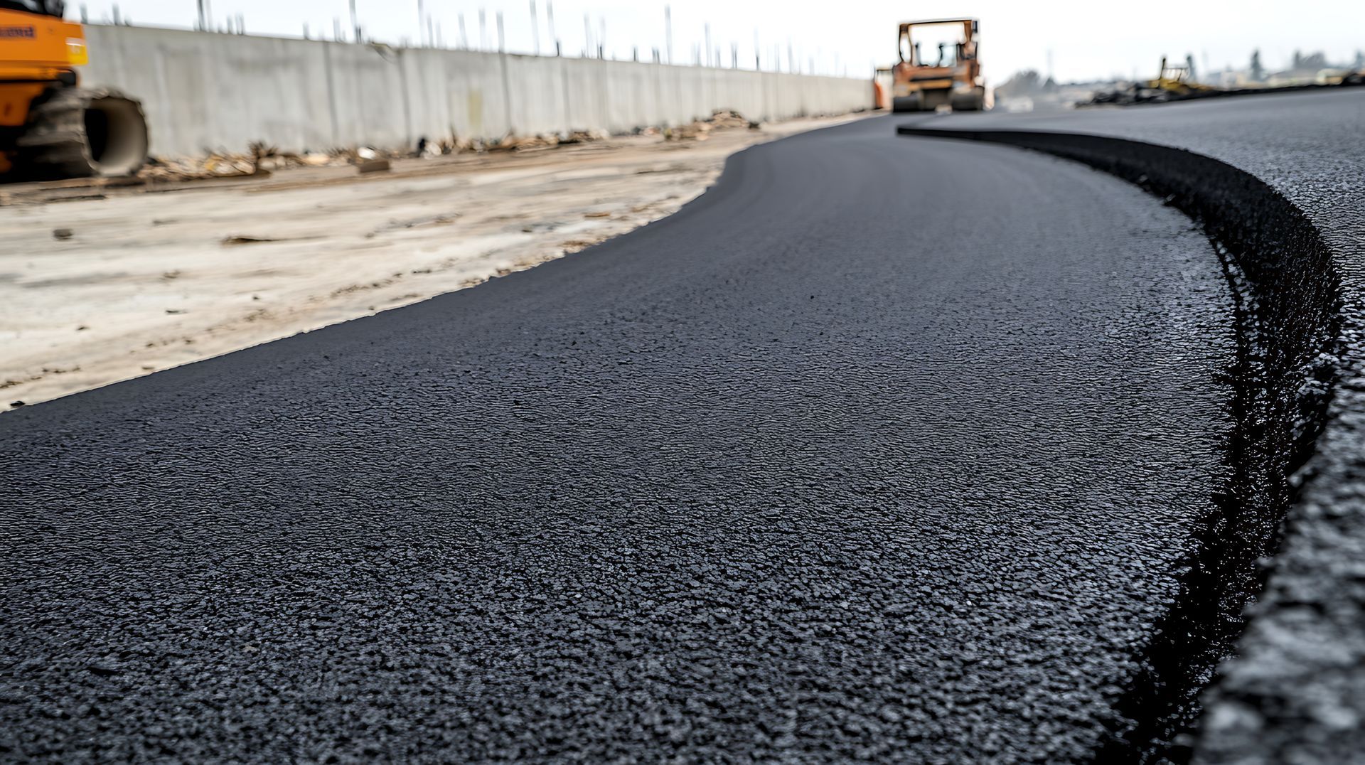 Newly paved asphalt road under construction, with a roller and barrier in the background. Newly paved asphalt road under construction, with a roller and barrier in the background.