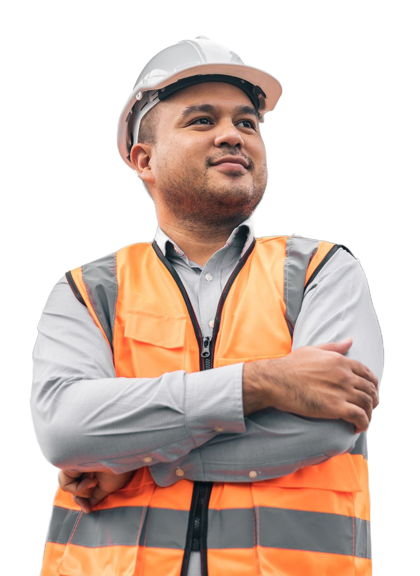 Woman in hard hat and safety vest, holding a radio and plans, smiling. Woman in hard hat and safety vest, holding a radio and plans, smiling.