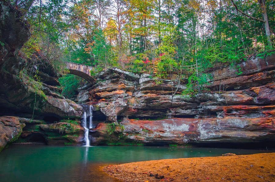 a waterfall is surrounded by trees and rocks in the middle of a forest .