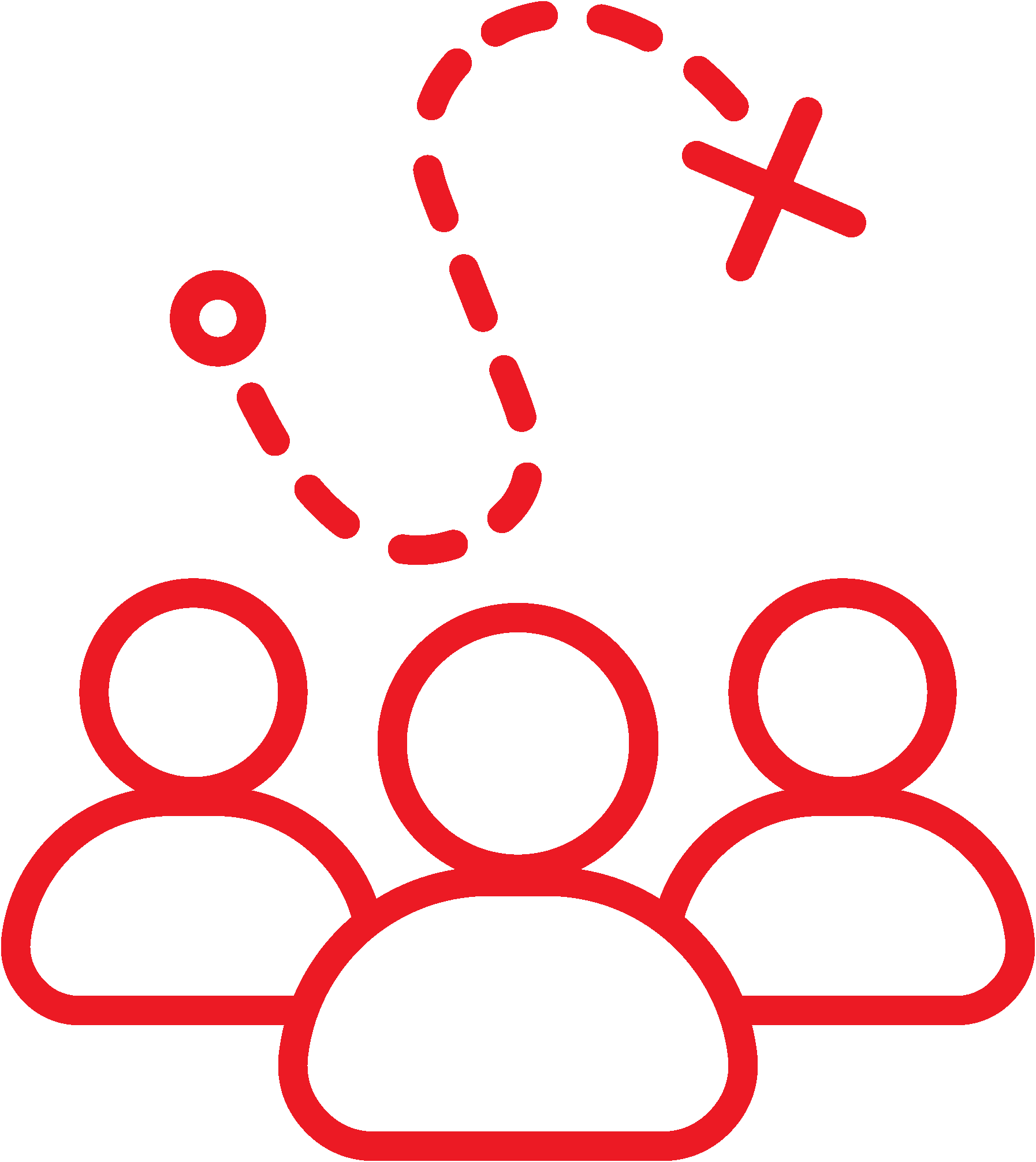 Three people with a dashed-line strategic plan overhead; all in red.
