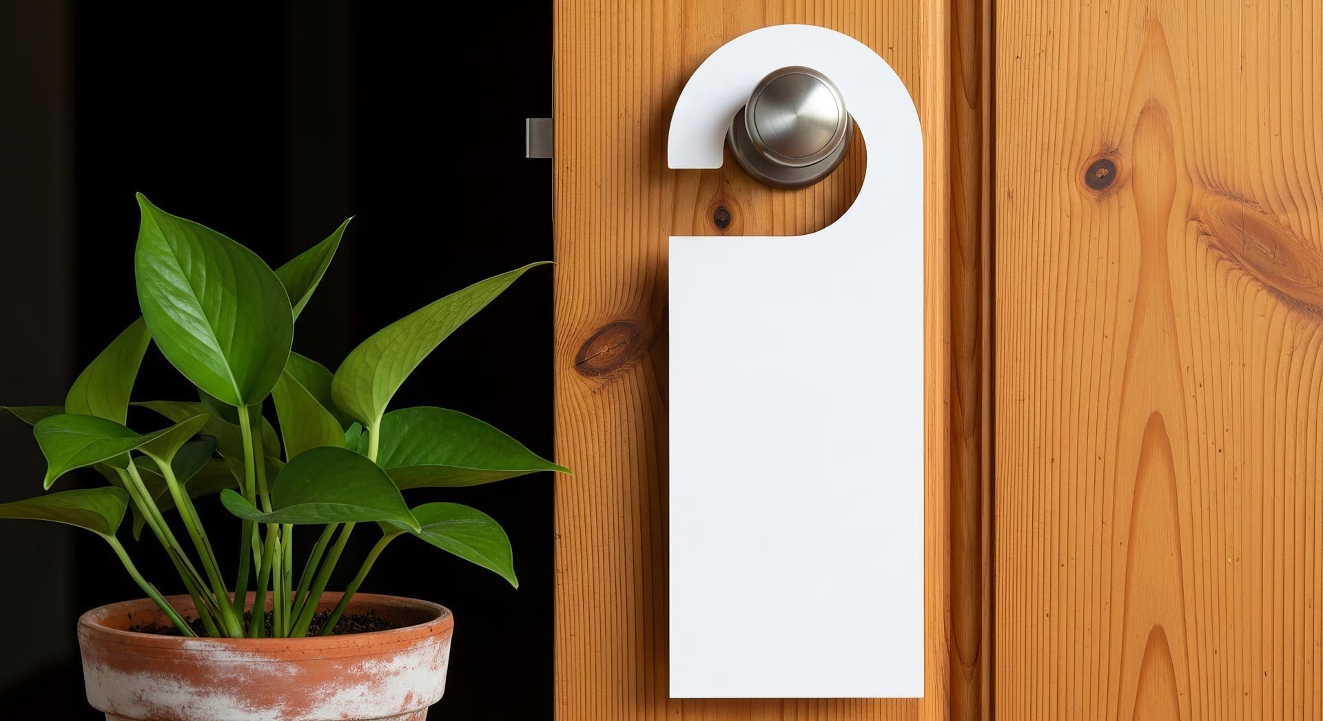 Blank white door hanger on a wooden door next to a potted plant Blank white door hanger on a wooden door next to a potted plant