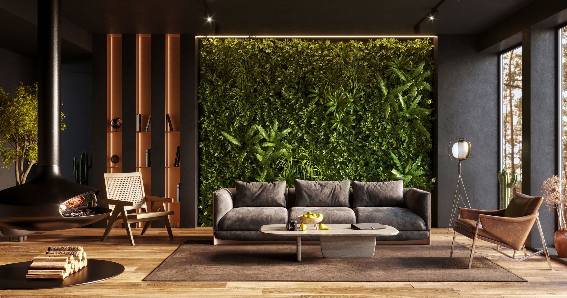 3D render of a vertical green wall in a modern living room interior. 3D render of a vertical green wall in a modern living room interior.