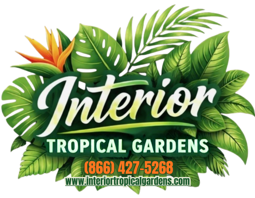 Logo for Interior Tropical Gardens with a lush foliage background, phone number, and website address.