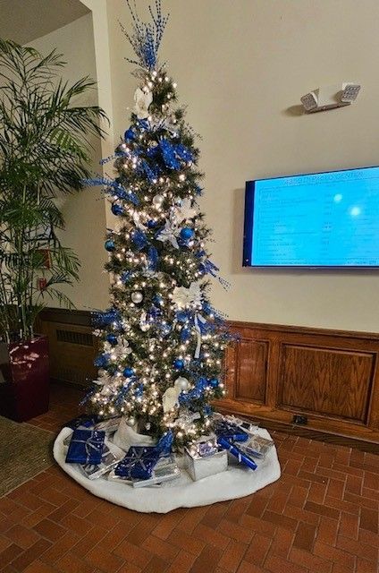 Blue and white Christmas tree.