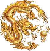 Golden dragon in a circular pose with ornate flames and a glowing pearl on white background