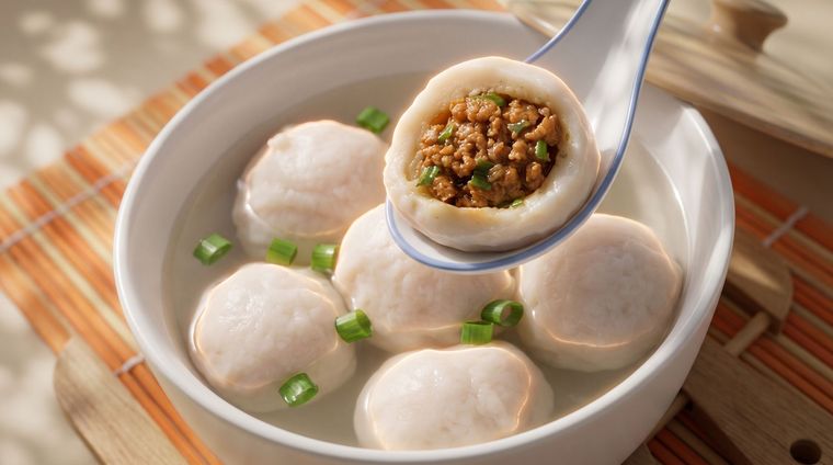 Bowl of white dumplings in broth, with a spoon lifting one topped with minced meat and green onions