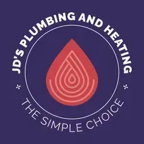 JD’s Plumbing and Heating logo with red droplet icon on a purple background and the text “The Simple Choice”
