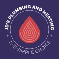 JD’s Plumbing and Heating logo with red droplet icon on a purple background and the text “The Simple Choice”
