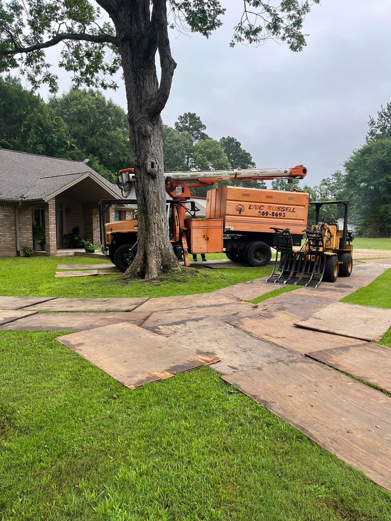 Orange utility truck and equipment parked beside a stone house under a large tree after rain.