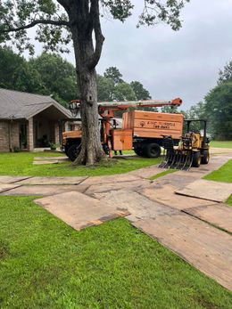 Orange utility truck and equipment parked beside a stone house under a large tree after rain.