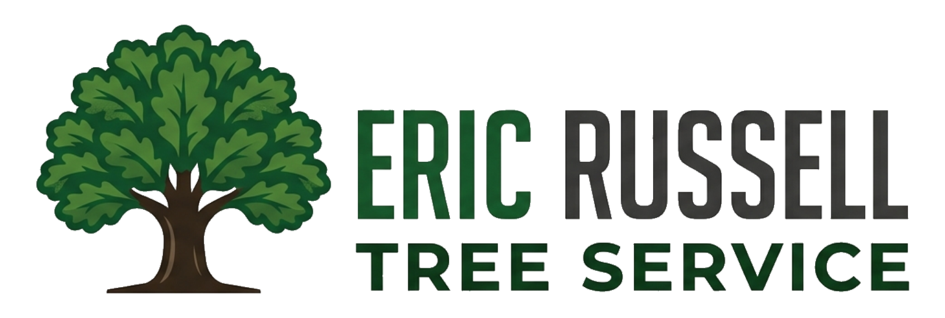 Eric Russell Tree Service logo with green tree icon and dark green text on white background