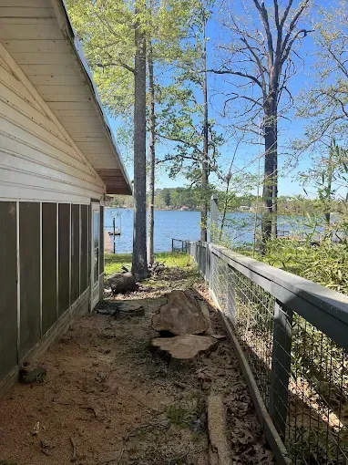 Narrow path beside a house leading to a lake, bordered by a wire fence and tall trees.