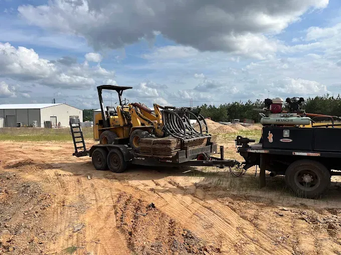 Yellow skid steer loading equipment onto a trailer in a muddy construction yard under cloudy skies