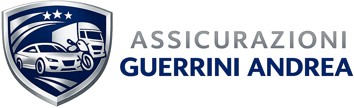 Logo a scudo blu e bianco con un'auto e la scritta “ASSICURAZIONI GUERRINI ANDREA”