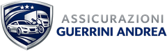 Logo a scudo blu e bianco con un'auto e la scritta “ASSICURAZIONI GUERRINI ANDREA”