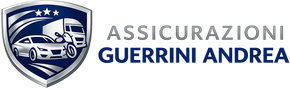 Logo a scudo blu e bianco con un'auto e la scritta “ASSICURAZIONI GUERRINI ANDREA”