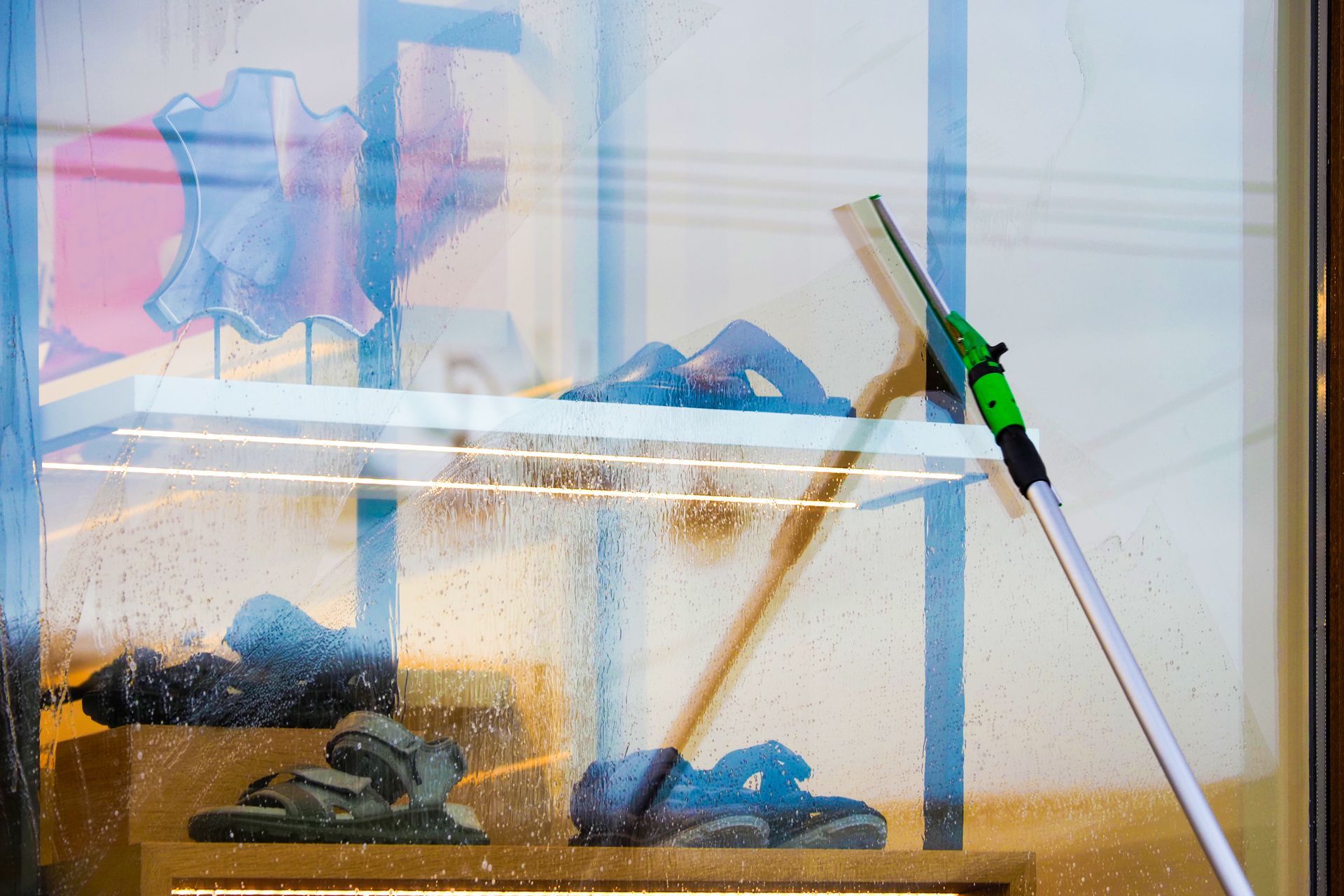 Aquarium mit Fischen und blauen Seesternen als Dekoration, durch Glas betrachtet, rechts daneben ein Reinigungsstab.