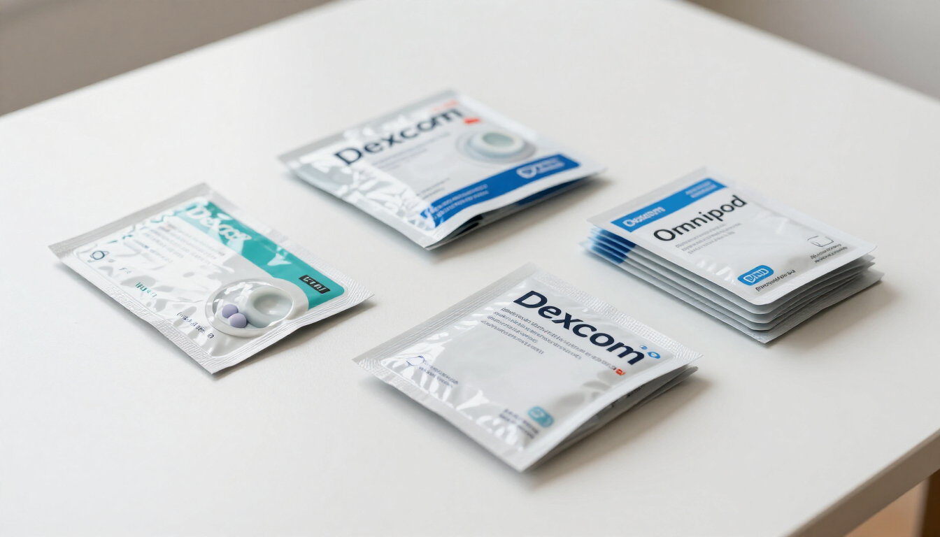 Photorealistic unopened diabetic supplies arranged by product type on a bright tabletop