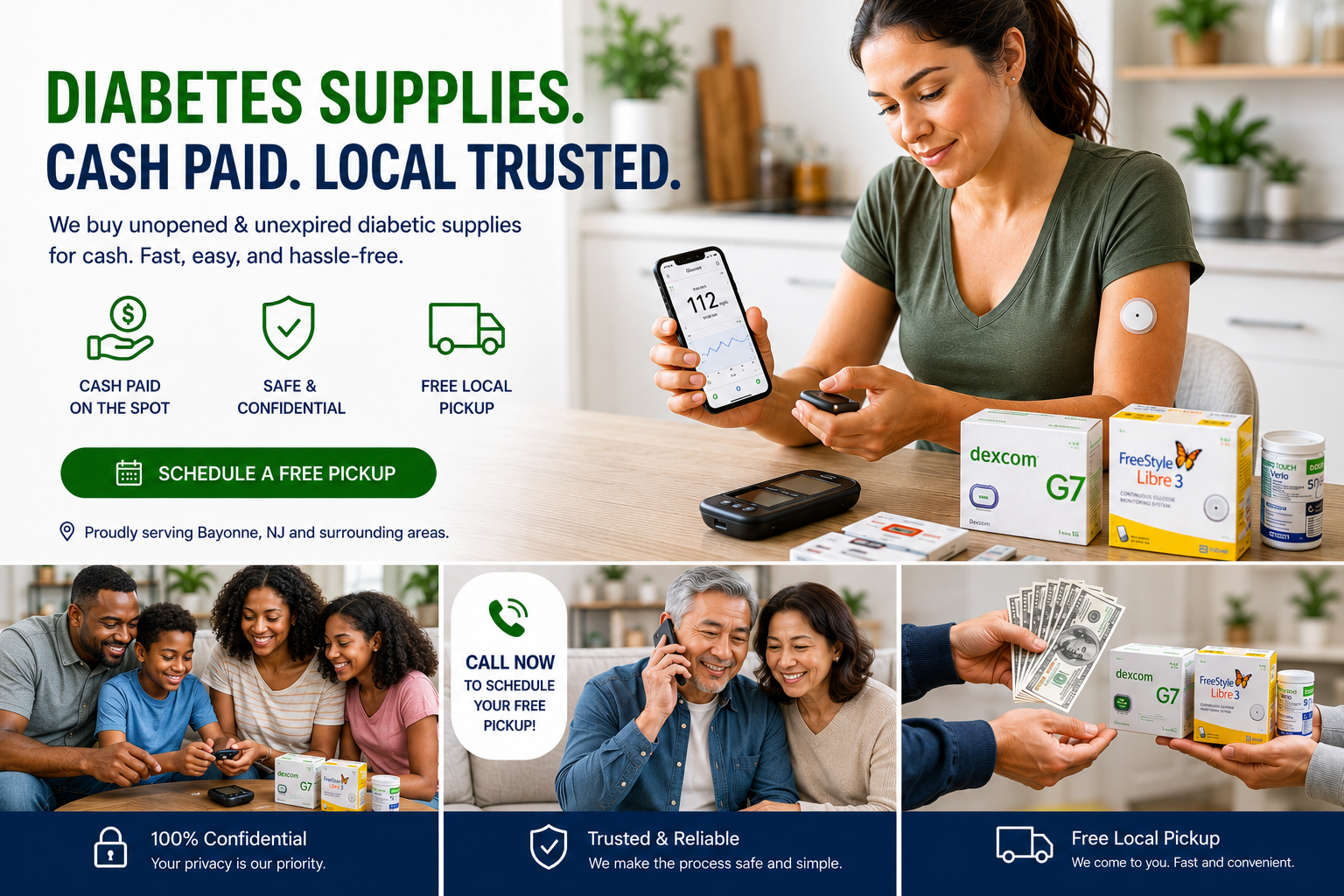 Diabetes supplies ad with a woman holding a phone beside boxed products and “Cash paid. Local trusted.” text
