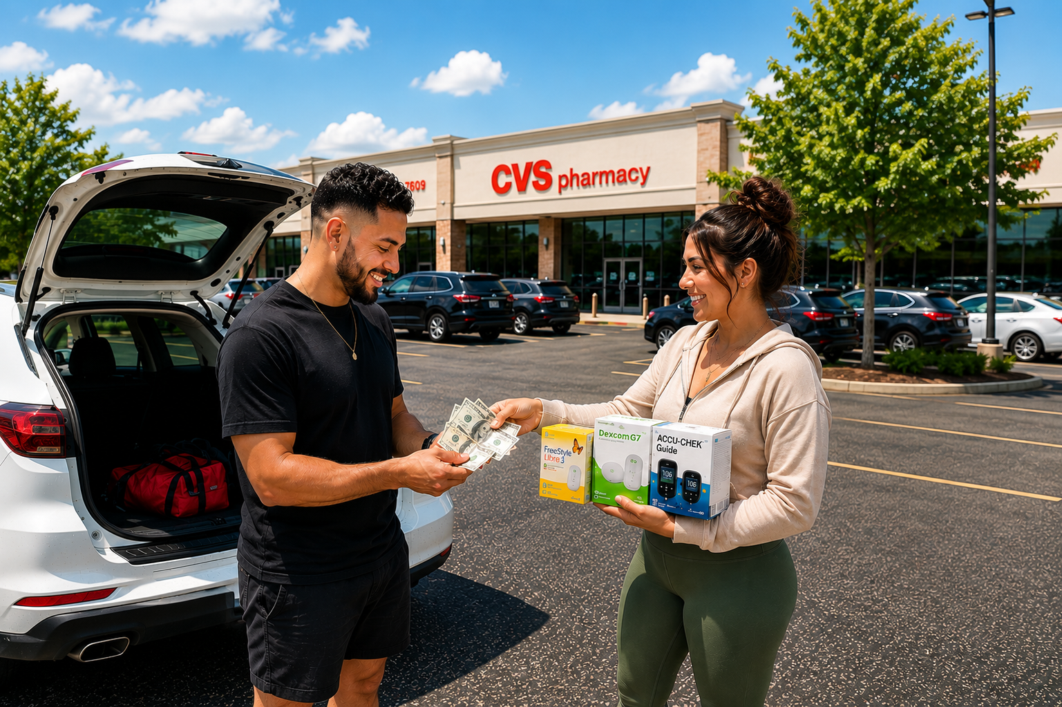 Photorealistic person checking expiration dates and sealed labels on diabetic supply boxes at home