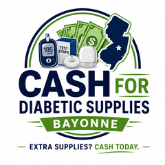 Logo for Cash for Diabetic Supplies Bayonne, with meter, test strips, insulin vials, cash, and a jersey silhouette