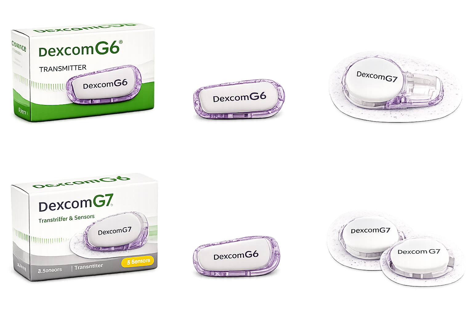 Dexcom G6 and G7 sensor boxes and transmitters arranged on a flat surface