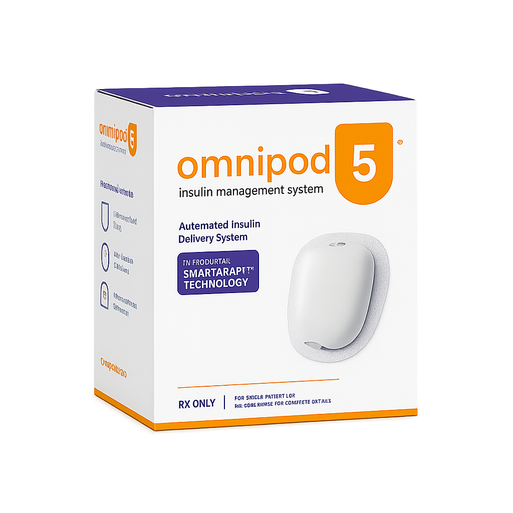 Omnipod 5 insulin management system box, white and orange packaging with device image.