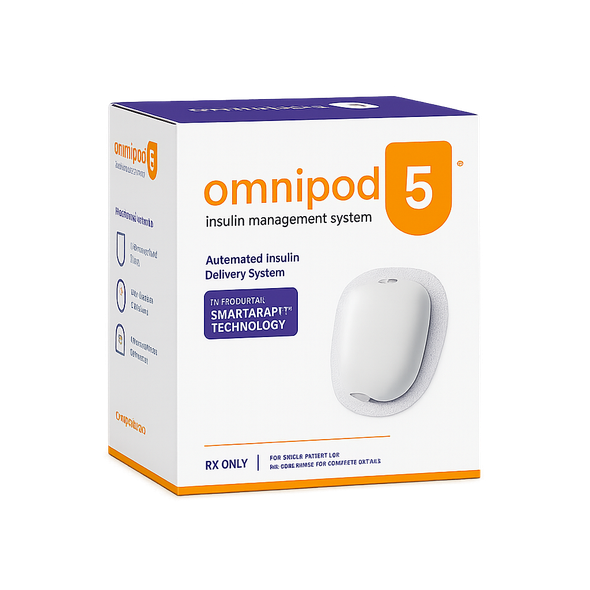 Omnipod 5 insulin management system box, white and orange packaging with device image.