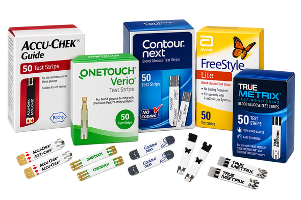 Assorted blood glucose meter kits and test strips in colorful boxes on a white background