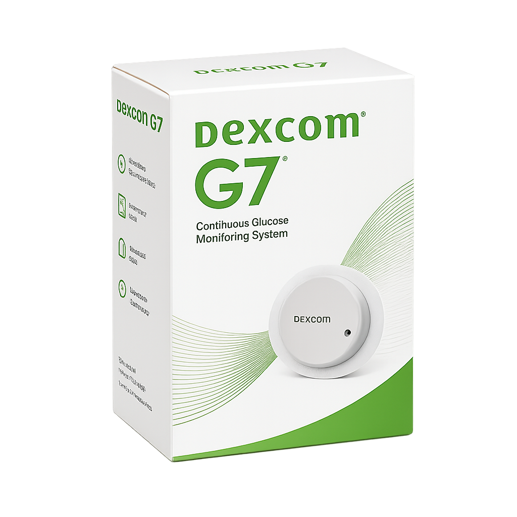Dexcom G7 glucose monitoring system box, white with green accents and device shown on front