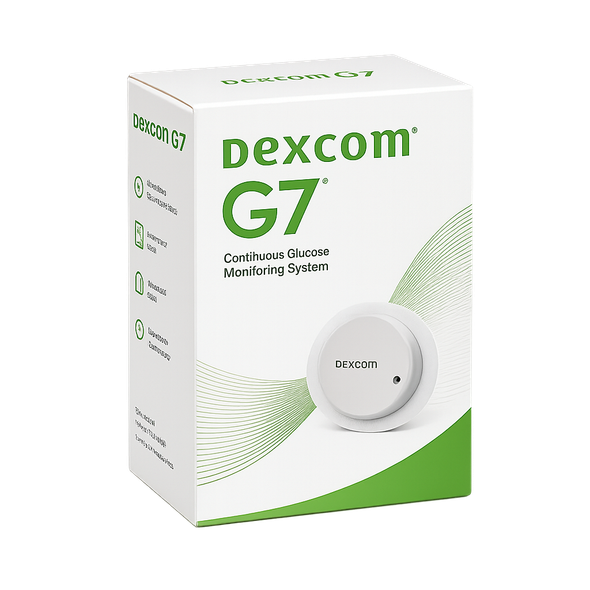 Dexcom G7 glucose monitoring system box, white with green accents and device shown on front
