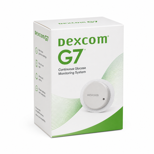 Dexcom G7 glucose monitoring system box, white with green accents and device shown on front