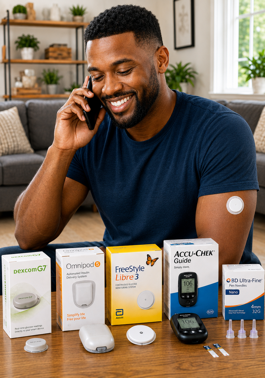 Man smiling at a phone beside a Dexcom G6 glucose monitor and sensor kit on a table