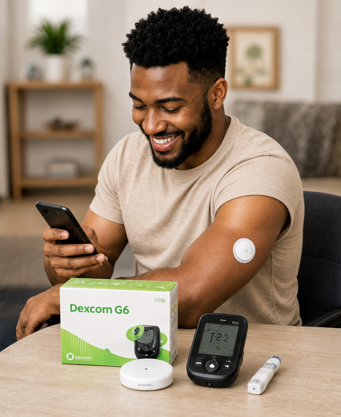 Dexcom G6 and G7 sensor boxes and transmitters arranged on a flat surface