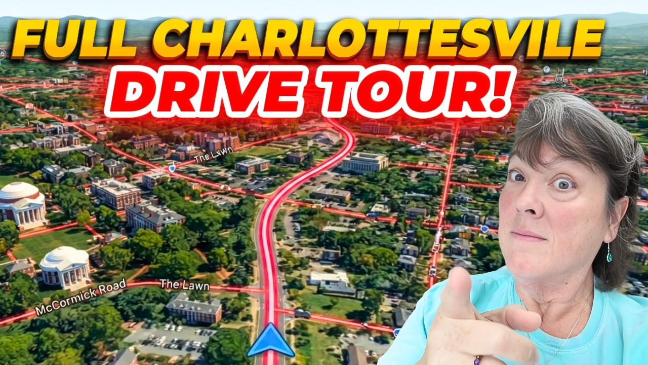 Charlottesville aerial drive tour graphic with pink route, bold text, and a surprised woman pointing