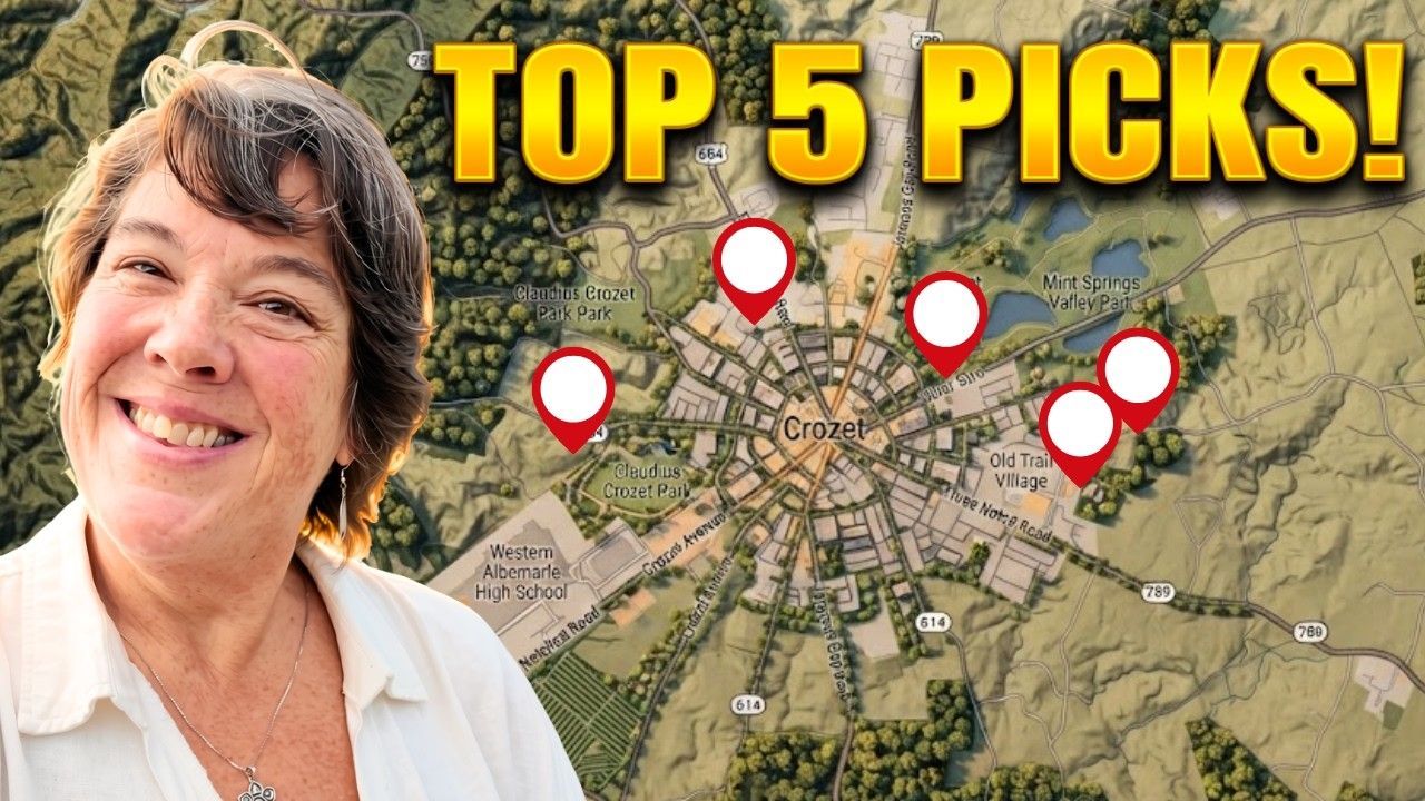 Map of Crozet, VA highlighting top neighborhoods with a smiling woman in the foreground.