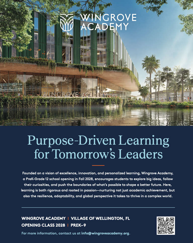 Architectural rendering of Wingrove Academy by a pond with text: 
