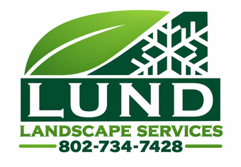 Logo for Lund Landscape Services featuring a stylized green grass graphic, company name, phone number, and website.