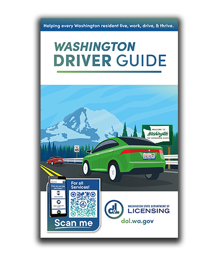 Washington Driver Guide 2025 cover: green car on highway, mountains in background.