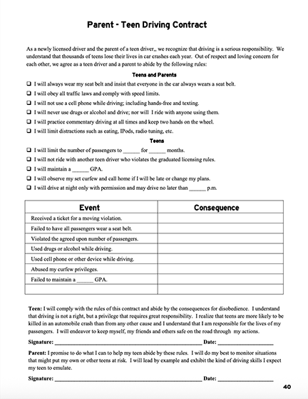 Parent-Teen Driving Contract template; includes terms, consequences, and signature sections.